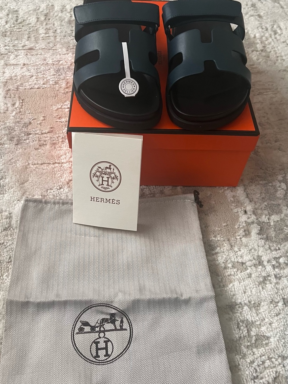 Hermes Men’s Black Oran Slide Sandals with Silver Accent